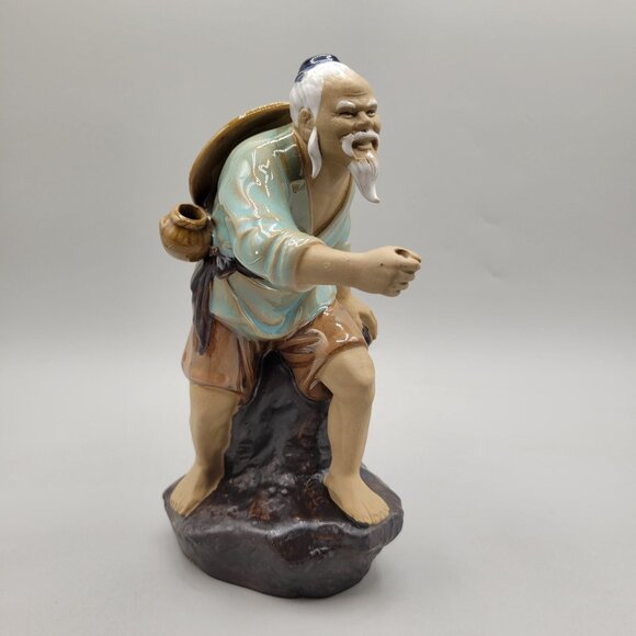 Chinese Mud Man With Basket Figurine On Rock Base Incomplete - Picture 1 of 9